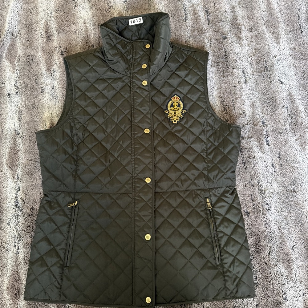 Lauren Ralph Lauren Riding Vest Women's XL Green Quilted Snap Front Crest Logo